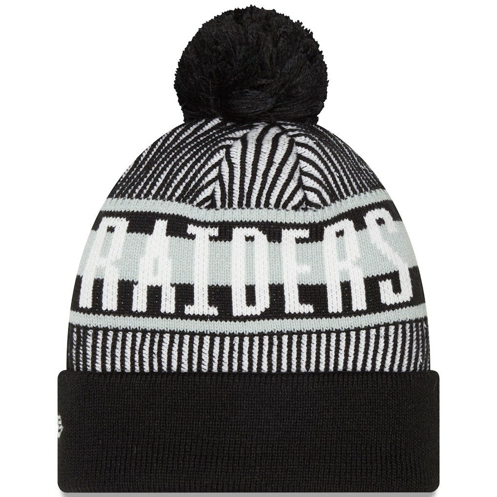 Striped Cuffed Knit Hat with Pom - Las Vegas Raiders
