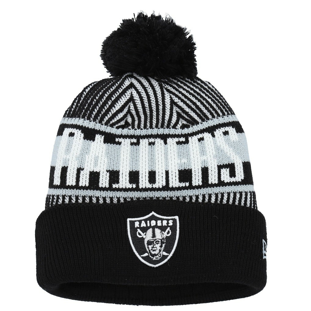 Youth Striped Cuffed Knit Hat with Pom - Las Vegas Raiders