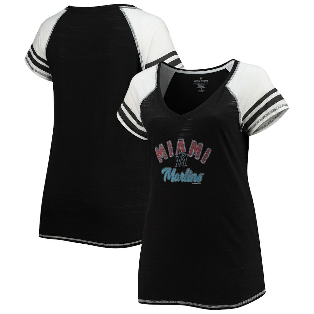 MLB Miami Marlins Soft as a Grape Women's Curvy Color Block Tri-Blend Raglan V-Neck T-Shirt