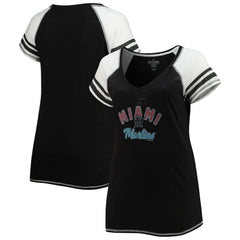 MLB Miami Marlins Soft as a Grape Women's Curvy Color Block Tri-Blend Raglan V-Neck T-Shirt