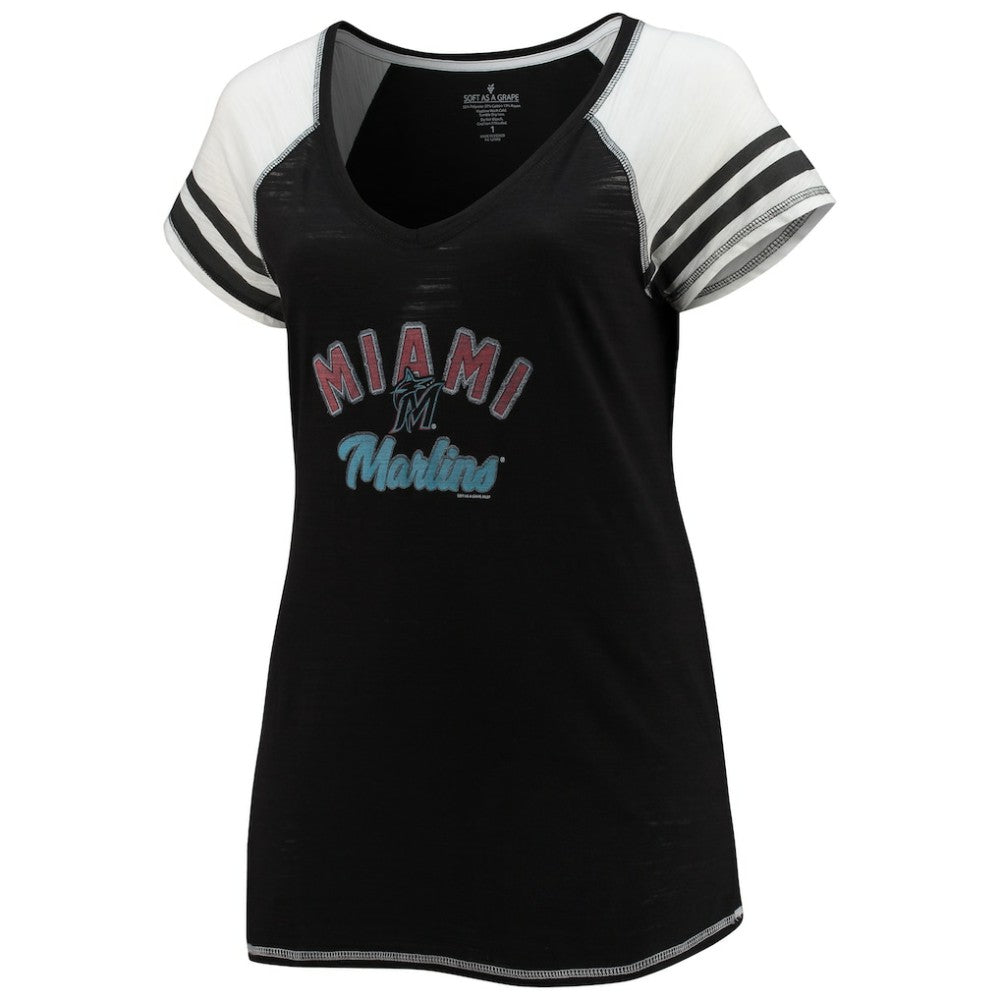 MLB Miami Marlins Soft as a Grape Women's Curvy Color Block Tri-Blend Raglan V-Neck T-Shirt