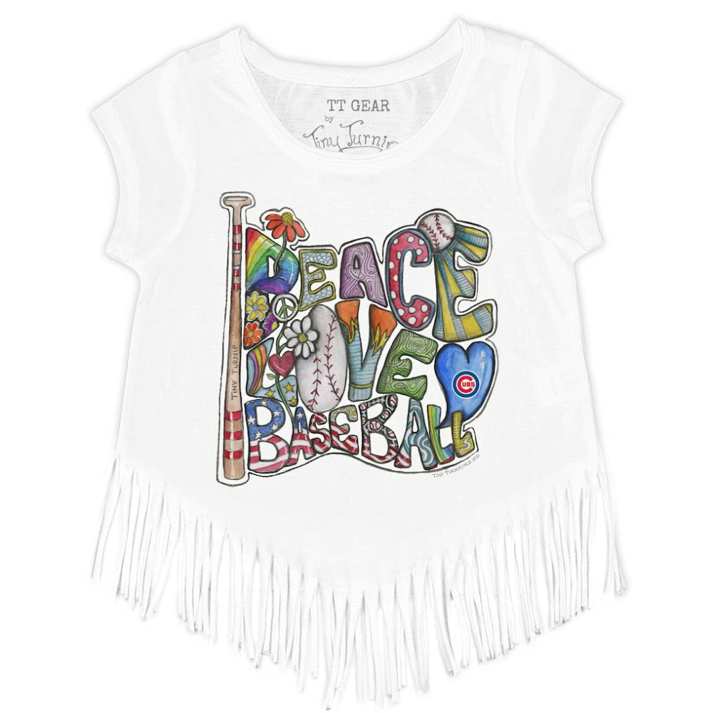 MLB Chicago Cubs Tiny Turnip Girls Youth Peace Love Baseball Fringe T-Shirt