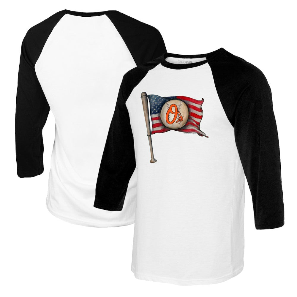 MLB Baltimore Orioles Tiny Turnip Women's Baseball Flag Raglan 3/4 Sleeve T-Shirt