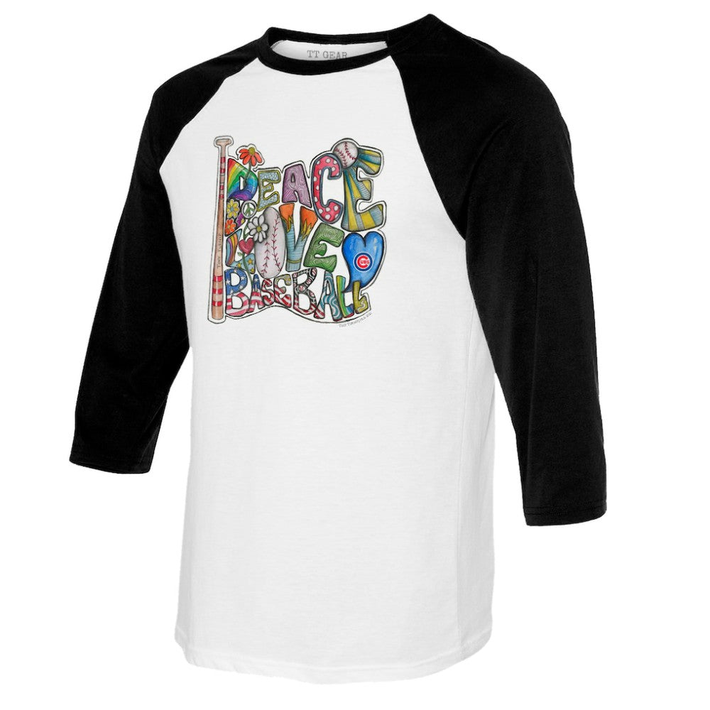 MLB Chicago Cubs Tiny Turnip Women's Peace Love Baseball 3/4-Sleeve Raglan T-Shirt