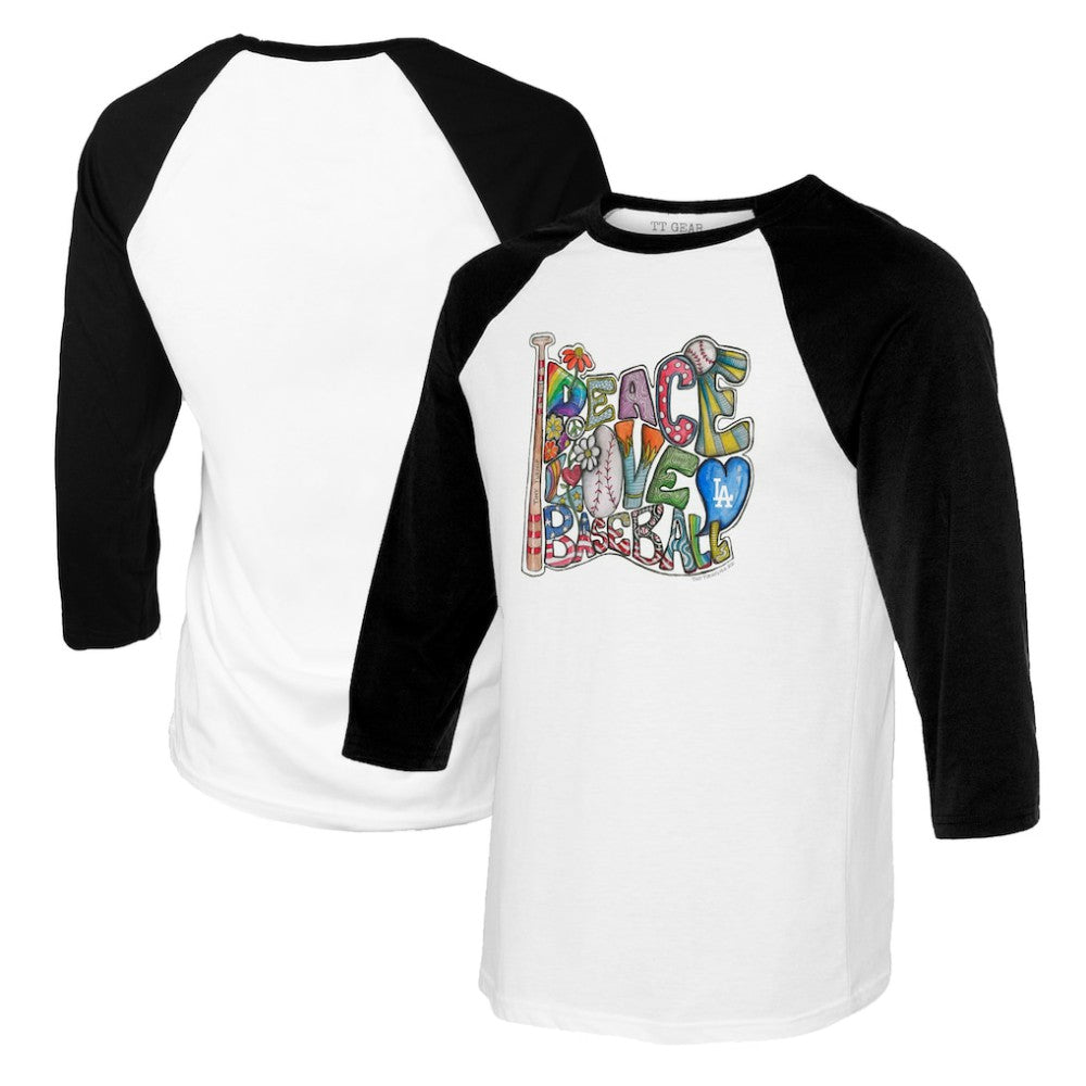 MLB Los Angeles Dodgers Tiny Turnip Women's Peace Love Baseball 3/4-Sleeve Raglan T-Shirt
