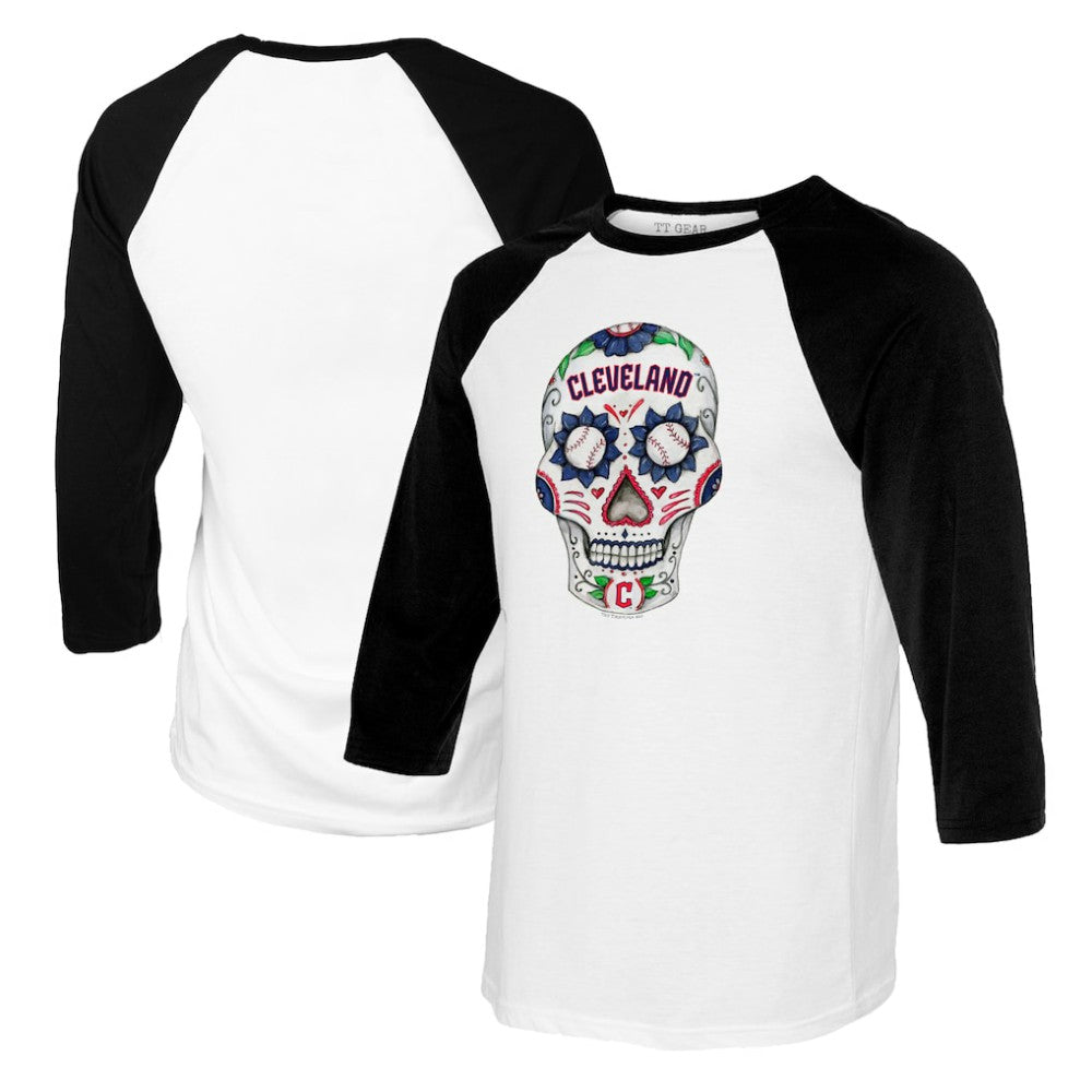 MLB Cleveland Guardians Tiny Turnip Women's Sugar Skull 3/4-Sleeve Raglan T-Shirt