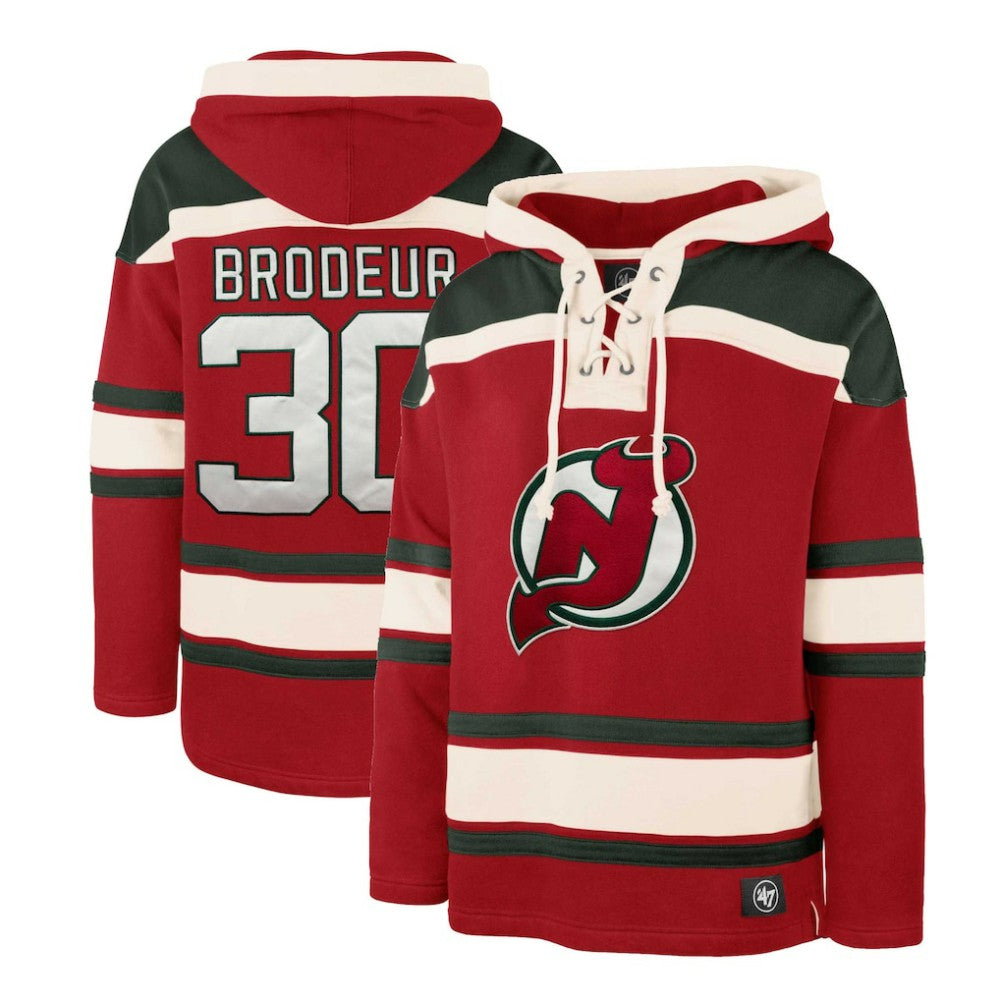 NHL Red Martin Brodeur New Jersey Devils '47 Retired Player Name & Number Lacer Pullover Hoodie