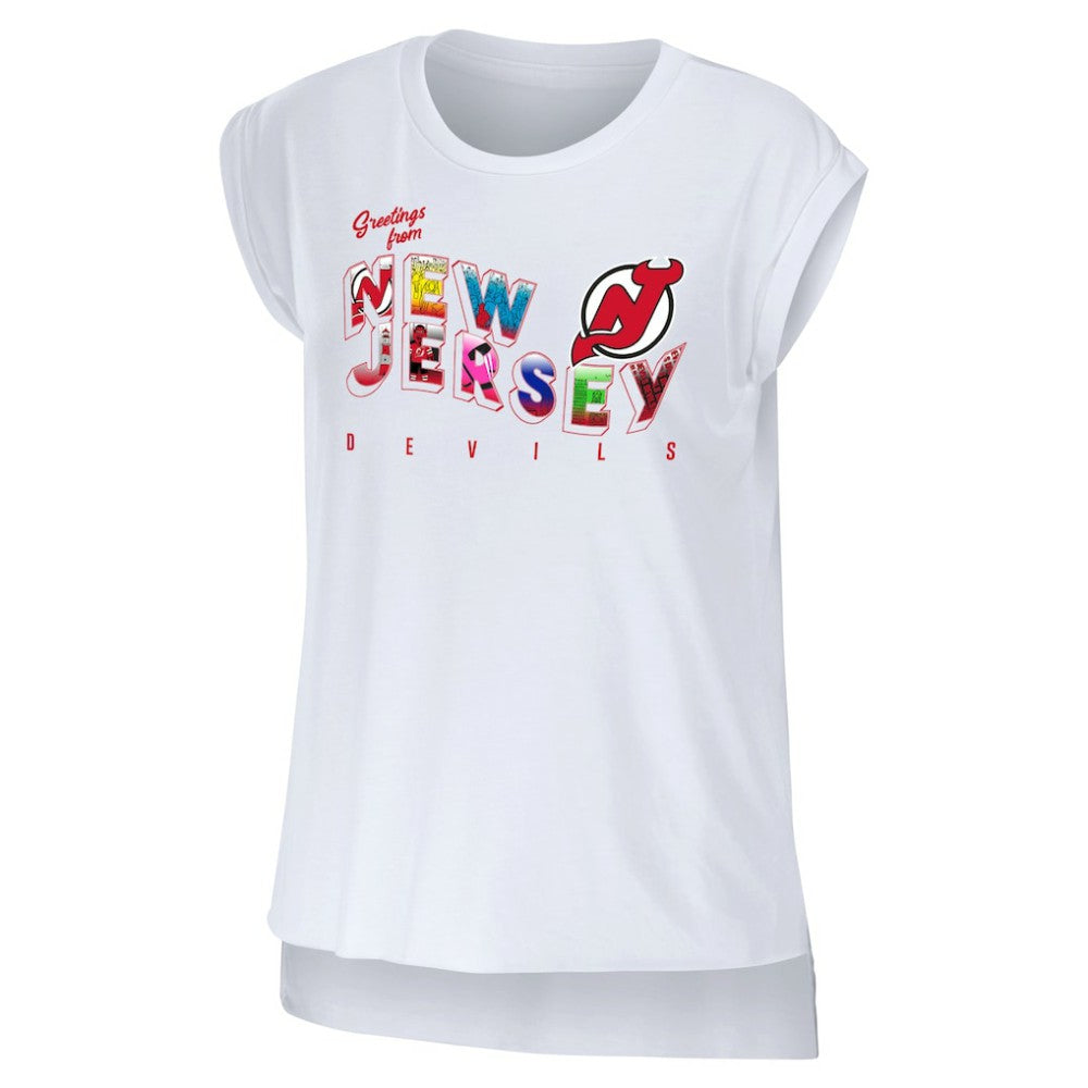 NHL White New Jersey Devils WEAR by Erin Andrews Women's Greetings From Muscle T-Shirt