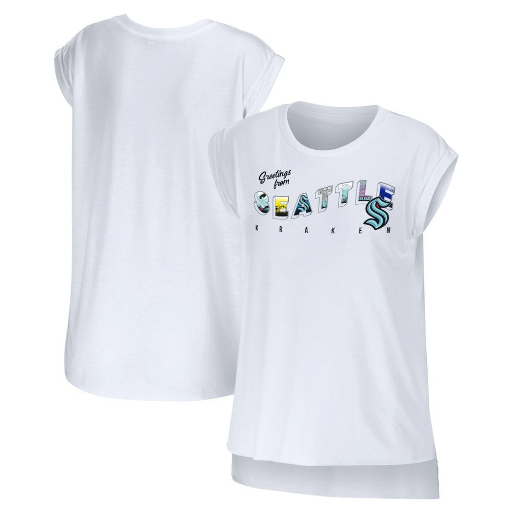 NHL White Seattle Kraken WEAR by Erin Andrews Women's Greetings From Muscle T-Shirt