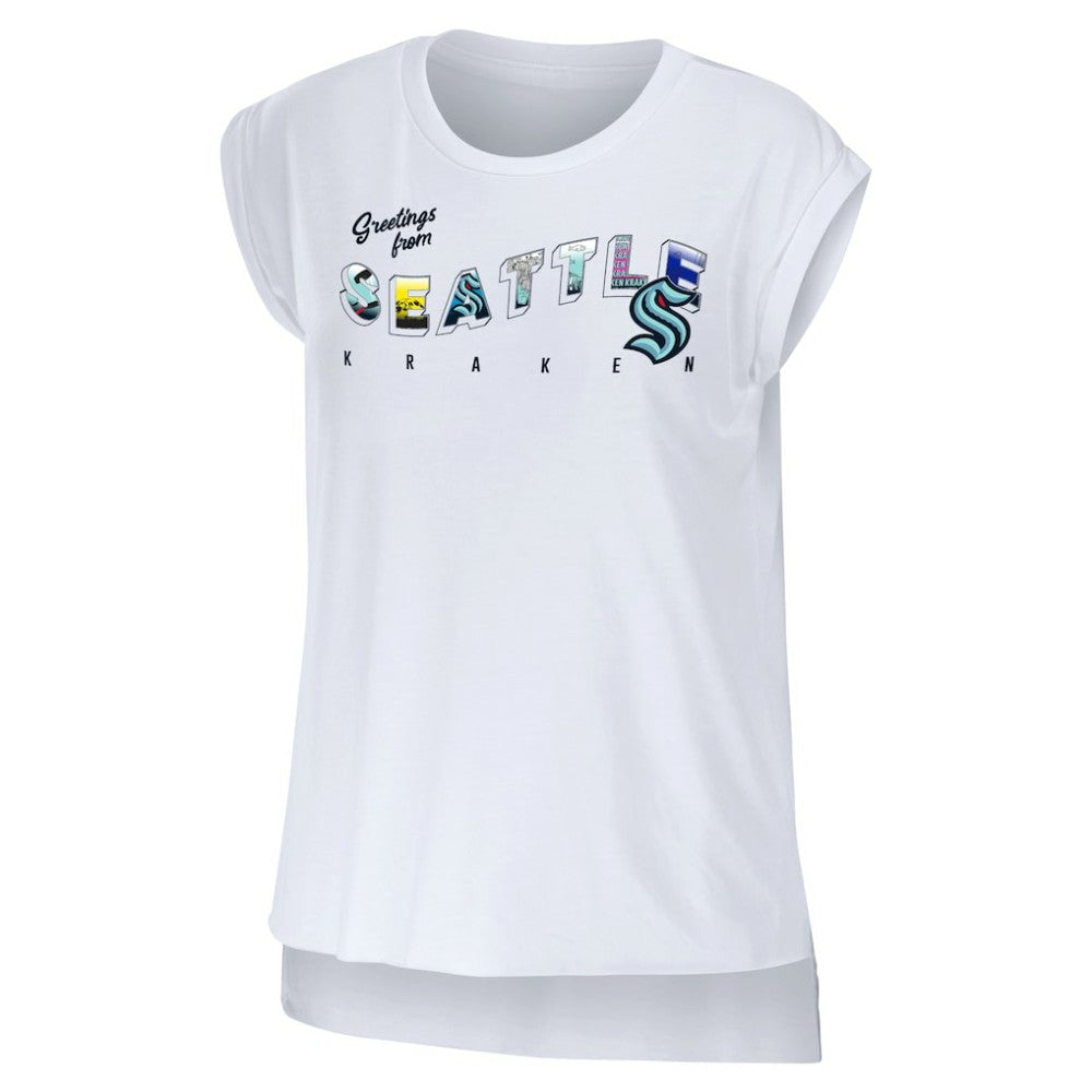 NHL White Seattle Kraken WEAR by Erin Andrews Women's Greetings From Muscle T-Shirt