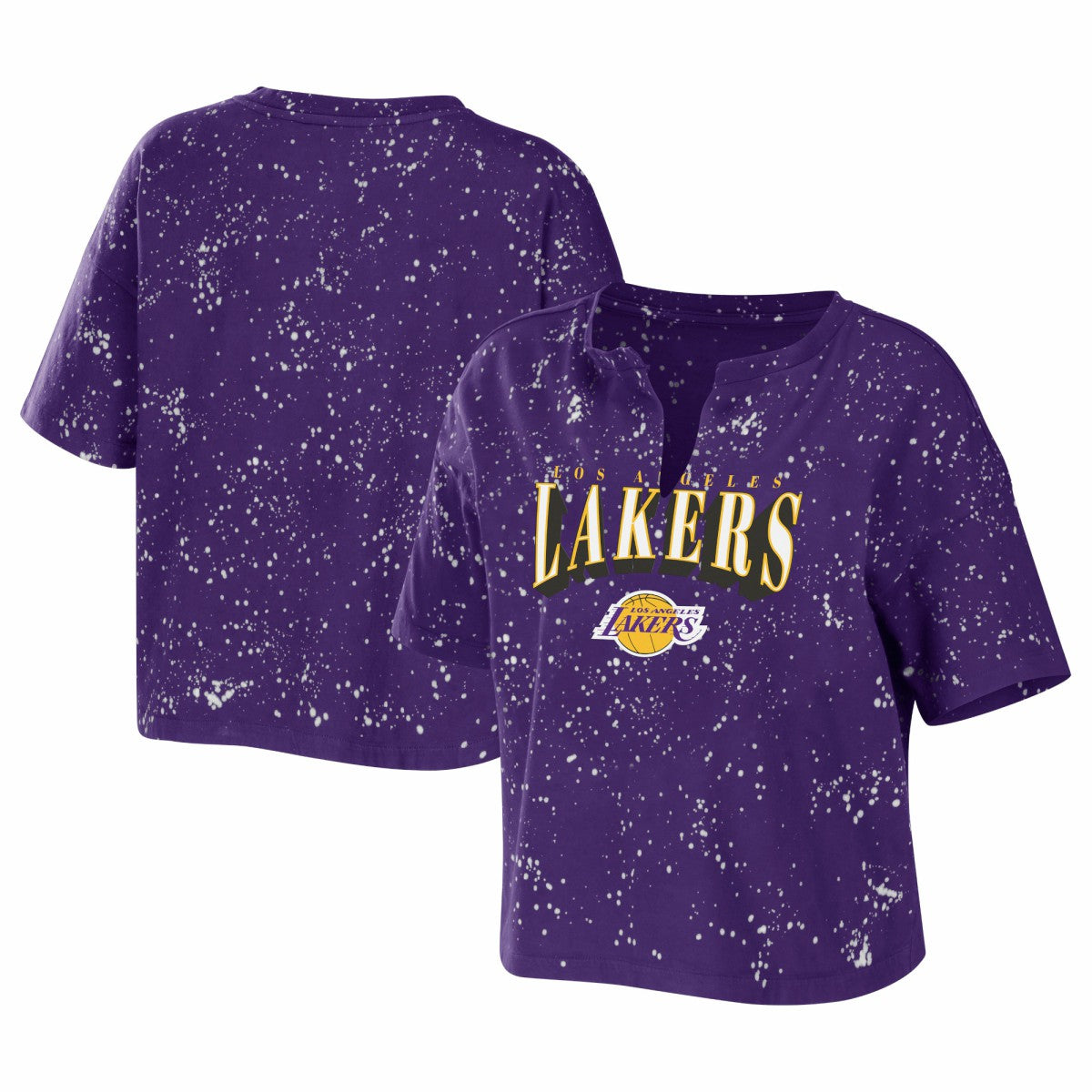 NBA Los Angeles Lakers WEAR by Erin Andrews Women's Bleach Splatter Notch Neck T-Shirt