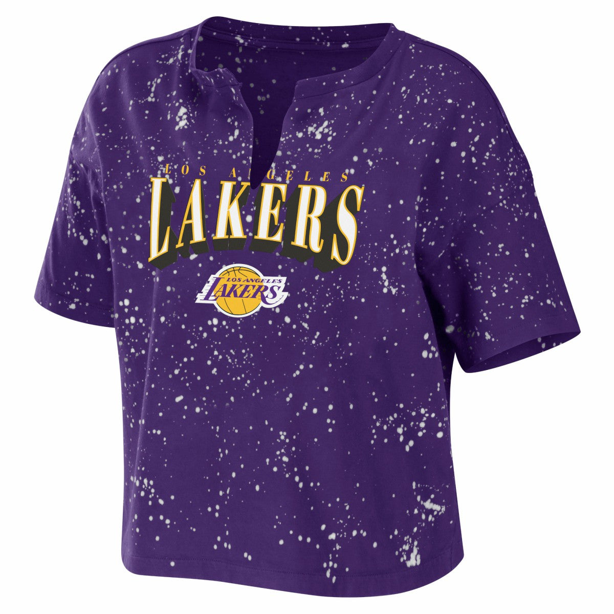 NBA Los Angeles Lakers WEAR by Erin Andrews Women's Bleach Splatter Notch Neck T-Shirt