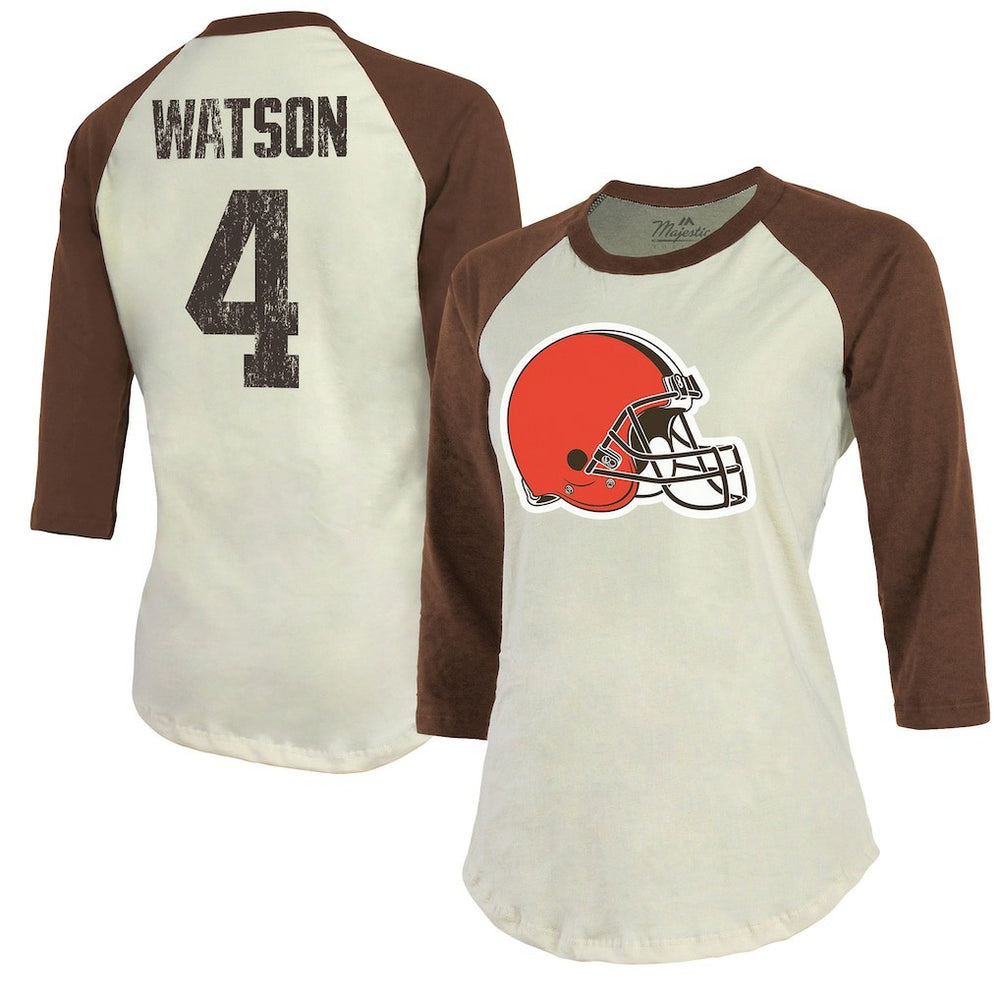 Deshaun Watson  Majestic Threads Women's Player Name & Number Tri-Blend Three-Quarter Sleeve T-Shirt - Cleveland Browns