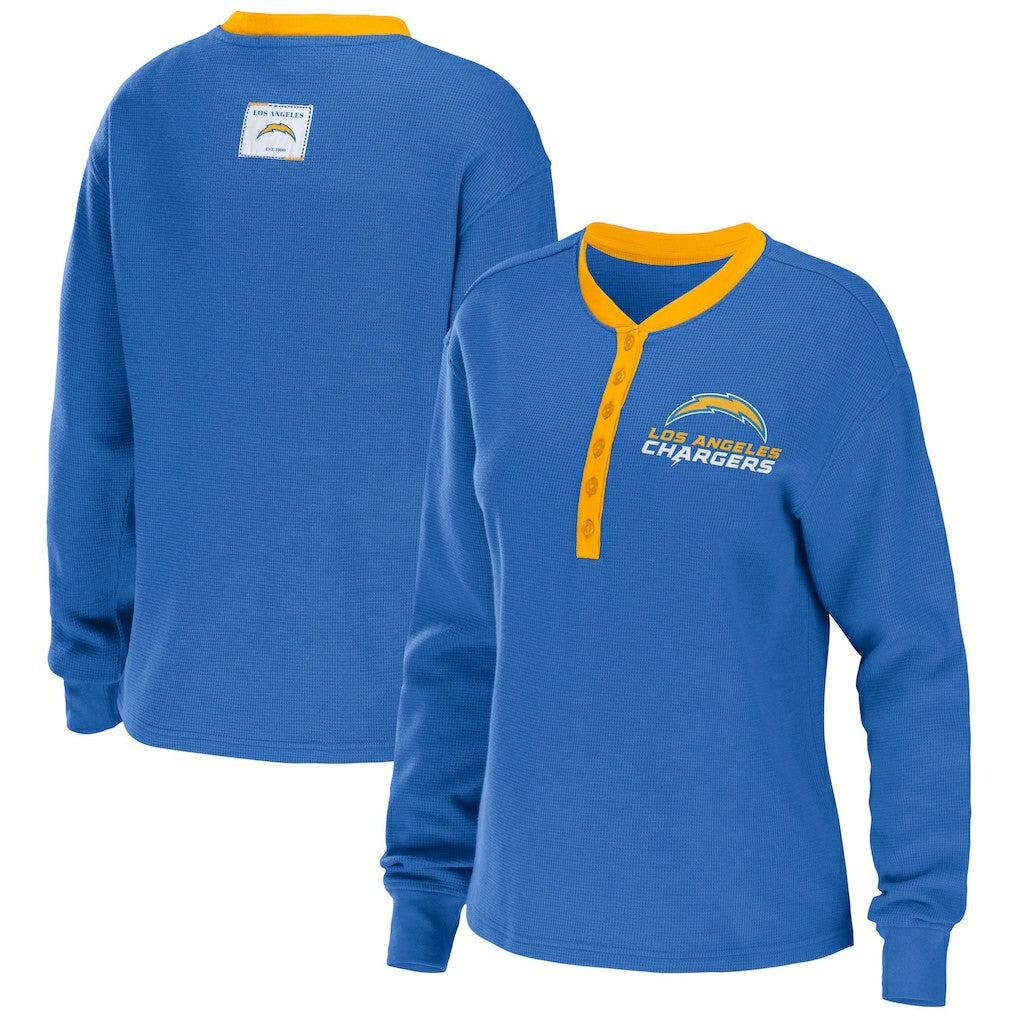 WEAR by Erin Andrews Women's Waffle Henley Long Sleeve T-Shirt - Los Angeles Chargers