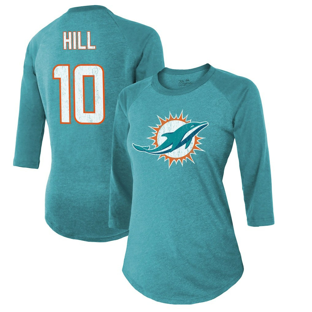 Tyreek Hill  Majestic Threads Women's Name & Number Raglan 3/4 Sleeve T-Shirt - Miami Dolphins