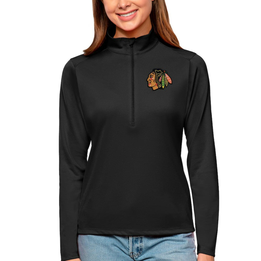 NHL Black Chicago Blackhawks Antigua Women's Tribute Quarter-Zip Pullover Top