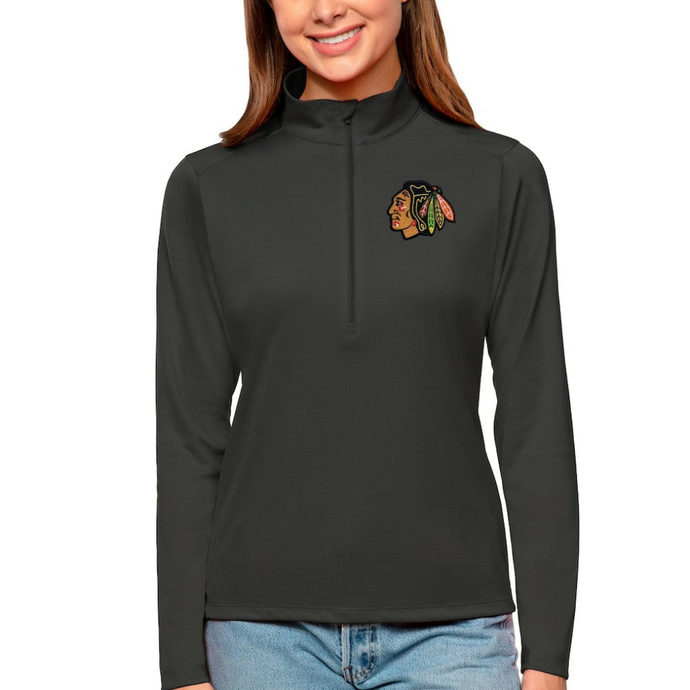 NHL Charcoal Chicago Blackhawks Antigua Women's Tribute Quarter-Zip Pullover Top