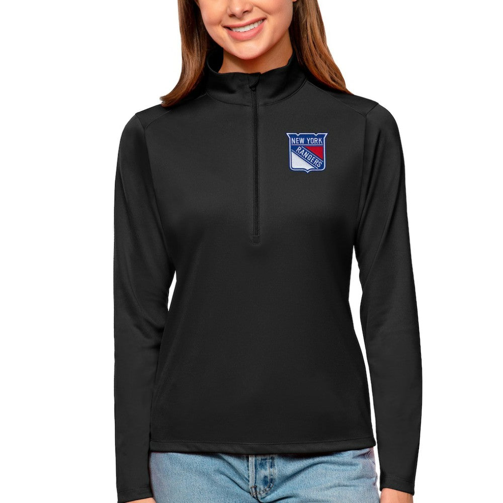 NHL Black New York Rangers Antigua Women's Tribute Quarter-Zip Pullover Top