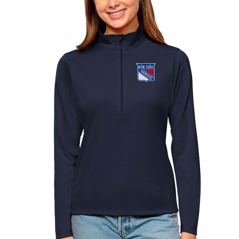 NHL Navy New York Rangers Antigua Women's Tribute Quarter-Zip Pullover Top