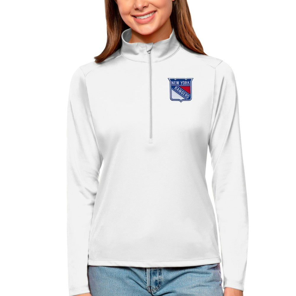 NHL White New York Rangers Antigua Women's Tribute Quarter-Zip Pullover Top