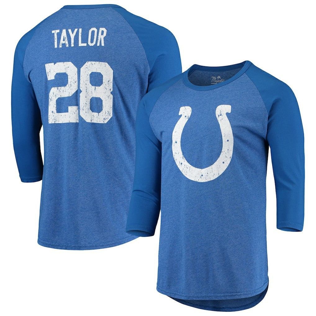 Jonathan Taylor  Majestic Threads Name & Number Team Colorway Tri-Blend 3/4 Raglan Sleeve Player T-Shirt - Indianapolis Colts