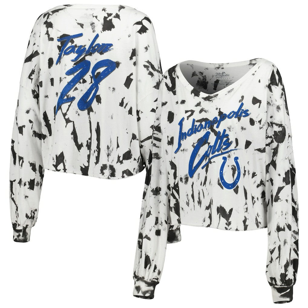 Jonathan Taylor  Majestic Threads Women's Off-Shoulder Tie-Dye Name & Number Cropped Long Sleeve V-Neck T-Shirt - Indianapolis Colts