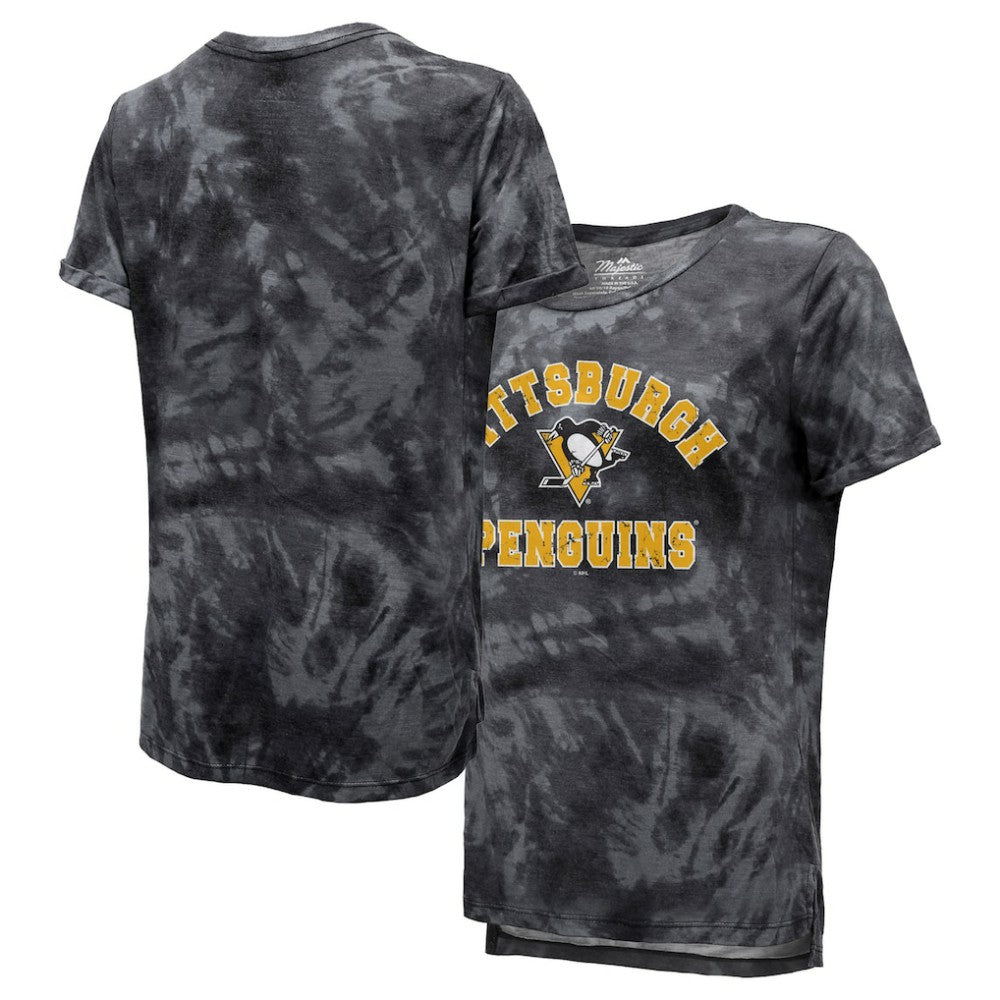 NHL Black Pittsburgh Penguins Majestic Threads Women's Boyfriend Tie-Dye Tri-Blend T-Shirt