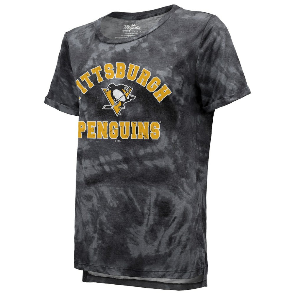 NHL Black Pittsburgh Penguins Majestic Threads Women's Boyfriend Tie-Dye Tri-Blend T-Shirt
