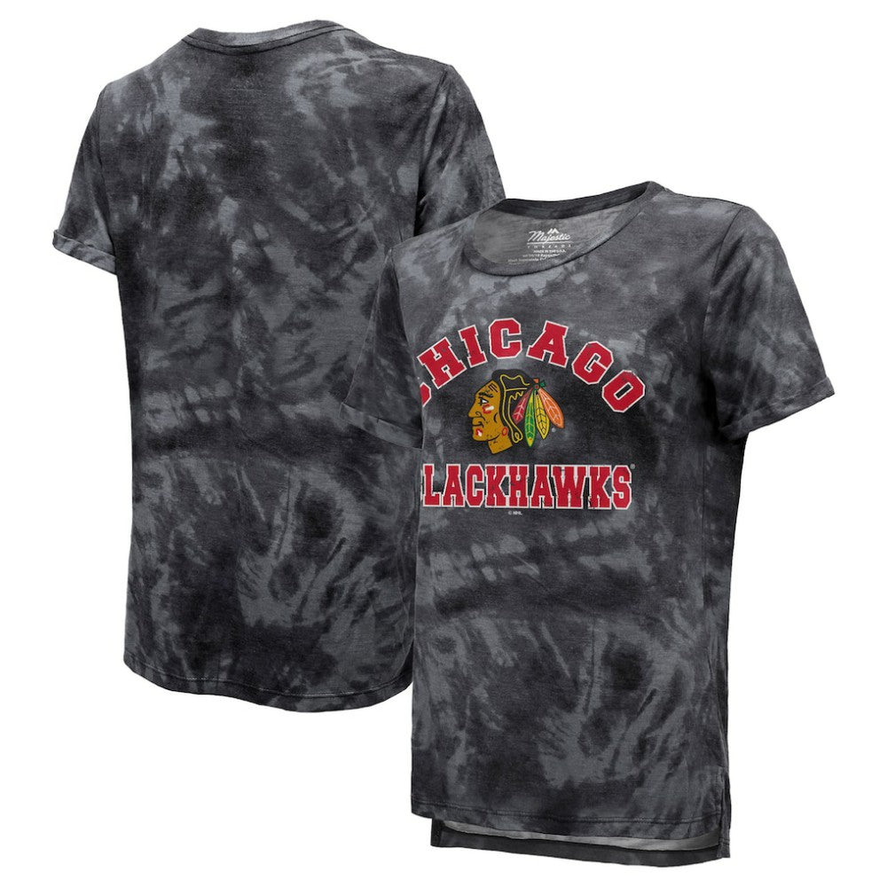 NHL Black Chicago Blackhawks Majestic Threads Women's Boyfriend Tie-Dye Tri-Blend T-Shirt