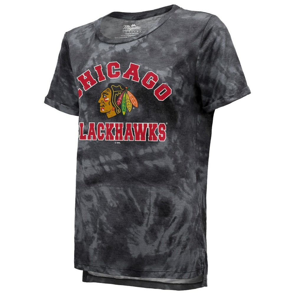NHL Black Chicago Blackhawks Majestic Threads Women's Boyfriend Tie-Dye Tri-Blend T-Shirt