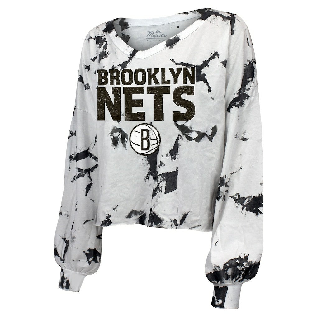 NBA Brooklyn Nets Majestic Threads Women's Aquarius Tie-Dye Cropped V-Neck Long Sleeve T-Shirt