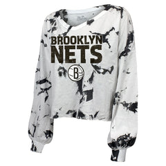 NBA Brooklyn Nets Majestic Threads Women's Aquarius Tie-Dye Cropped V-Neck Long Sleeve T-Shirt