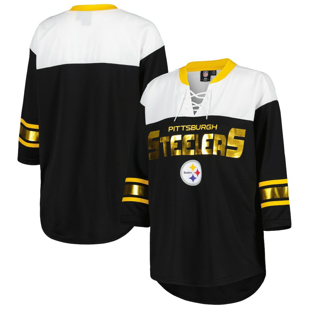 G-III 4Her by Carl Banks Women's Double Team 3/4-Sleeve Lace-Up T-Shirt - Pittsburgh Steelers