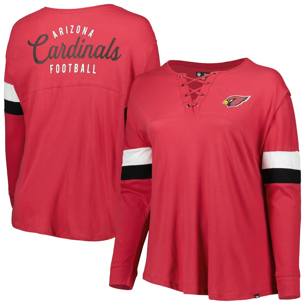 Women's Plus Size Athletic Varsity Lace-Up V-Neck Long Sleeve T-Shirt - Arizona Cardinals