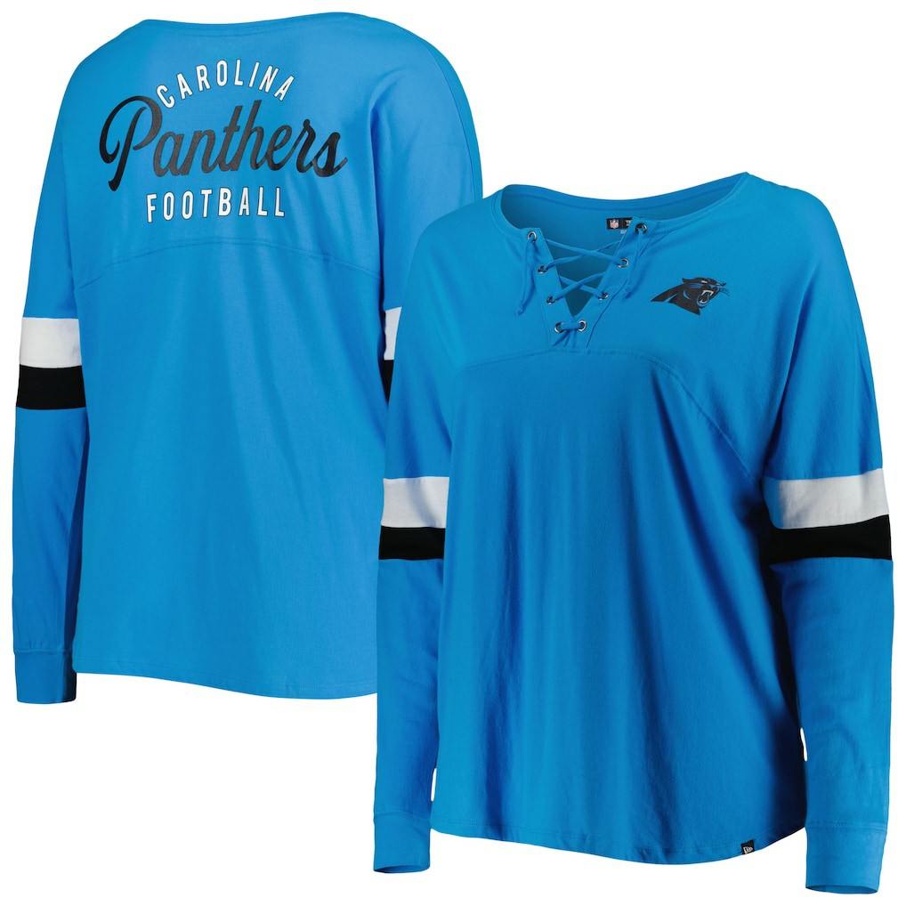 Women's Plus Size Athletic Varsity Lace-Up V-Neck Long Sleeve T-Shirt - Carolina Panthers