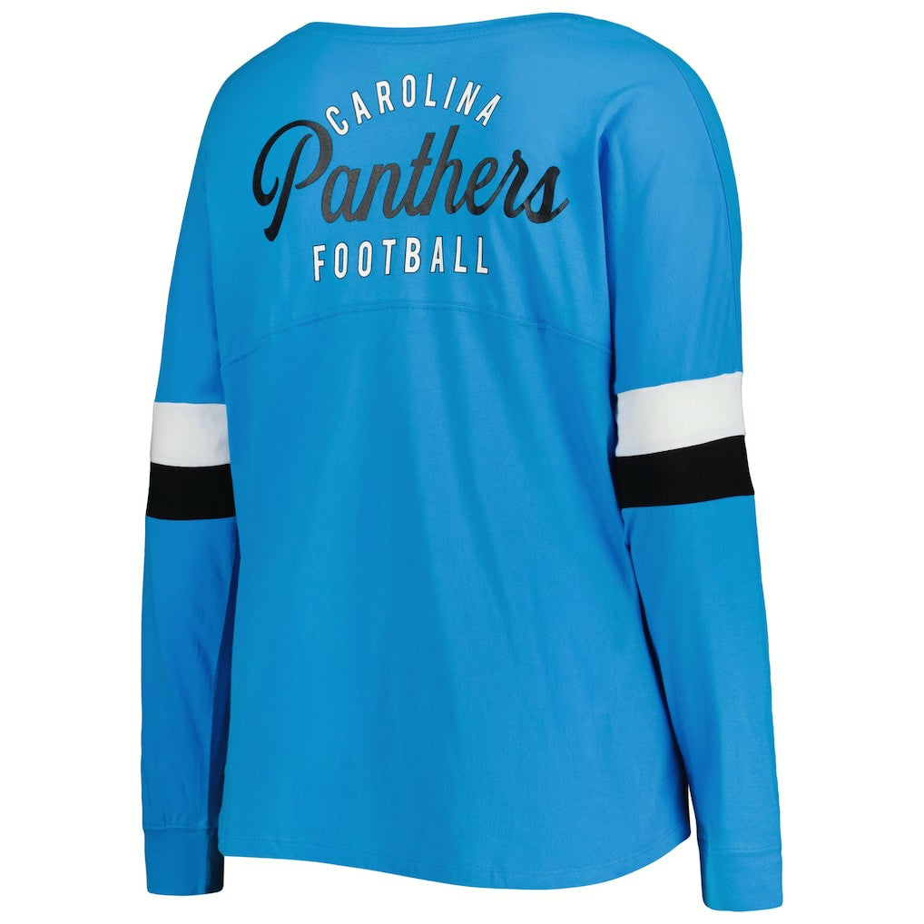 Women's Plus Size Athletic Varsity Lace-Up V-Neck Long Sleeve T-Shirt - Carolina Panthers