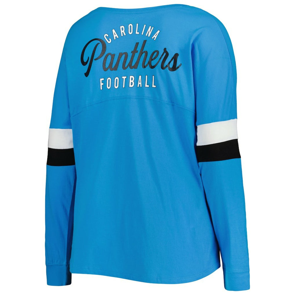 Women's Plus Size Athletic Varsity Lace-Up V-Neck Long Sleeve T-Shirt - Carolina Panthers
