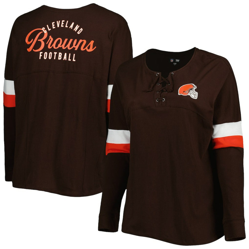 Women's Plus Size Athletic Varsity Lace-Up V-Neck Long Sleeve T-Shirt - Cleveland Browns