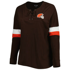Women's Plus Size Athletic Varsity Lace-Up V-Neck Long Sleeve T-Shirt - Cleveland Browns