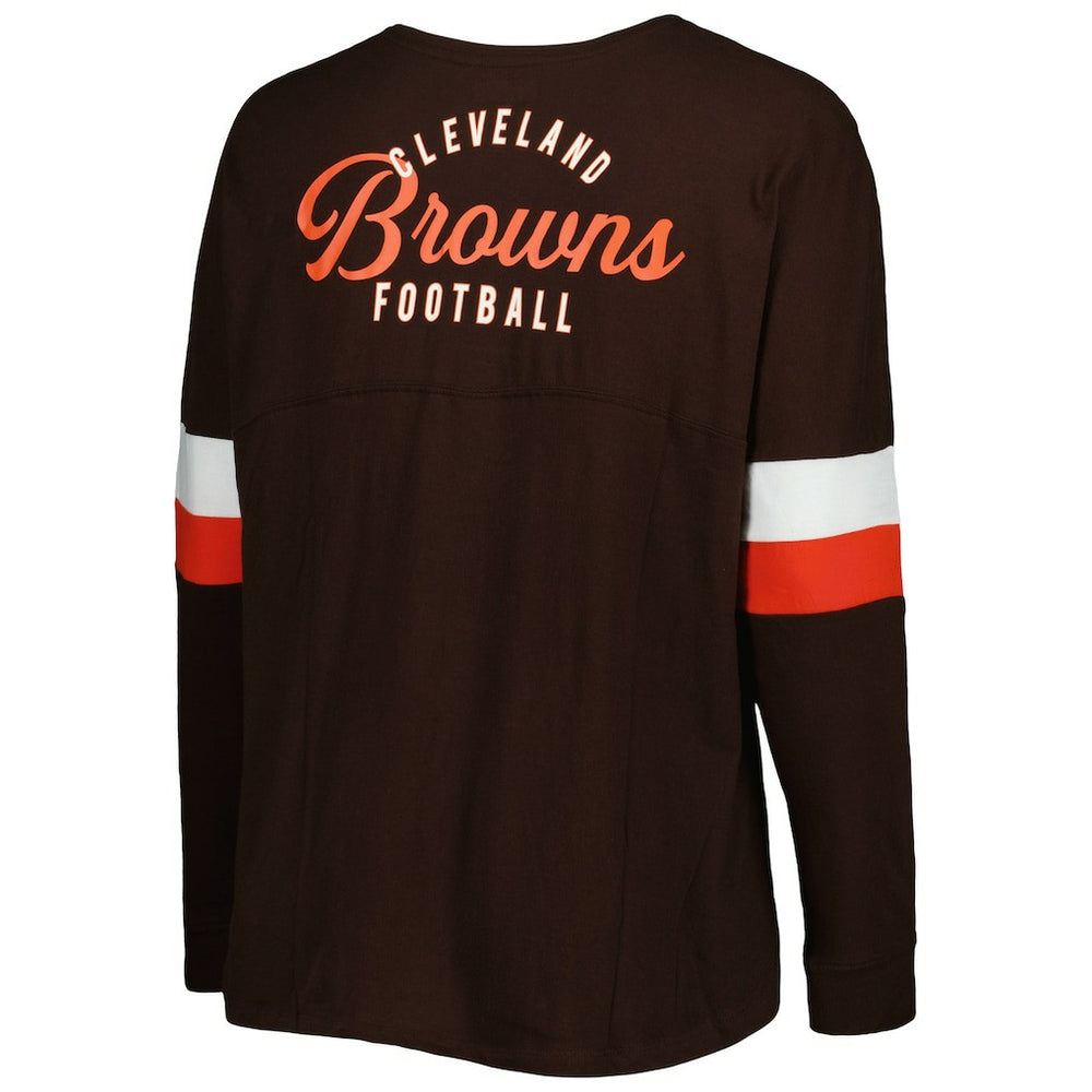 Women's Plus Size Athletic Varsity Lace-Up V-Neck Long Sleeve T-Shirt - Cleveland Browns