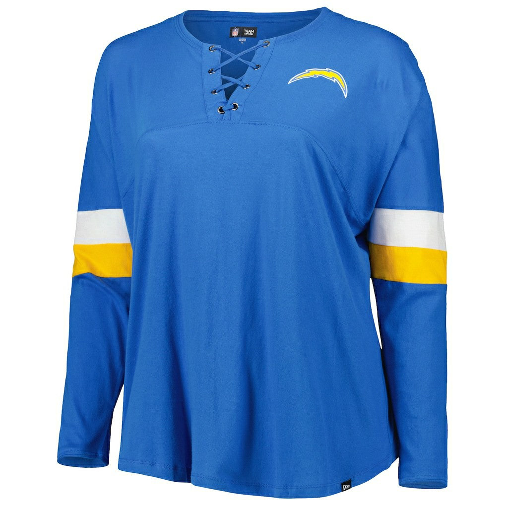 Women's Plus Size Athletic Varsity Lace-Up V-Neck Long Sleeve T-Shirt - Los Angeles Chargers