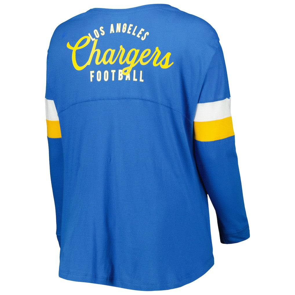 Women's Plus Size Athletic Varsity Lace-Up V-Neck Long Sleeve T-Shirt - Los Angeles Chargers