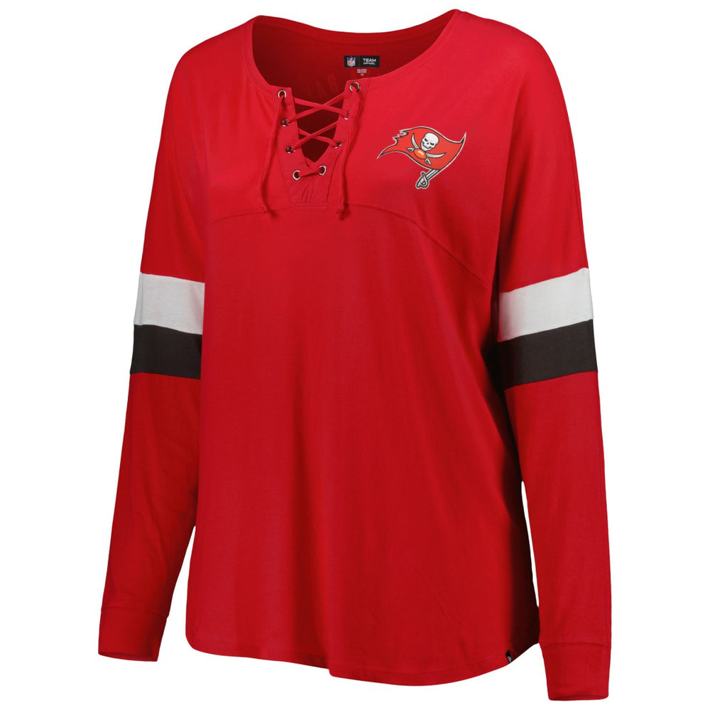 Women's Plus Size Athletic Varsity Lace-Up V-Neck Long Sleeve T-Shirt - Tampa Bay Buccaneers