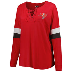 Women's Plus Size Athletic Varsity Lace-Up V-Neck Long Sleeve T-Shirt - Tampa Bay Buccaneers