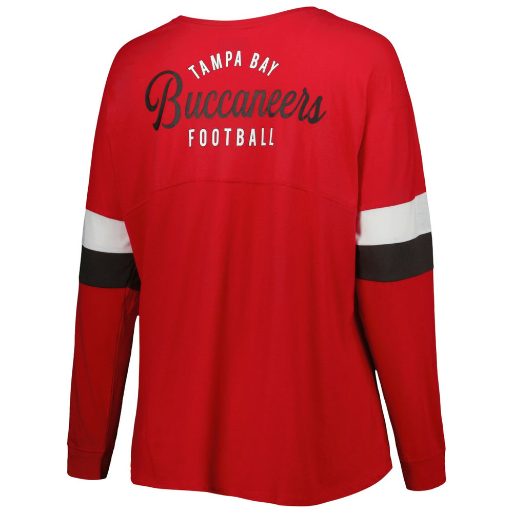 Women's Plus Size Athletic Varsity Lace-Up V-Neck Long Sleeve T-Shirt - Tampa Bay Buccaneers
