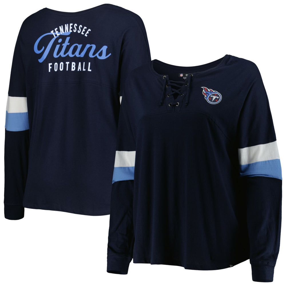 Women's Plus Size Athletic Varsity Lace-Up V-Neck Long Sleeve T-Shirt - Tennessee Titans