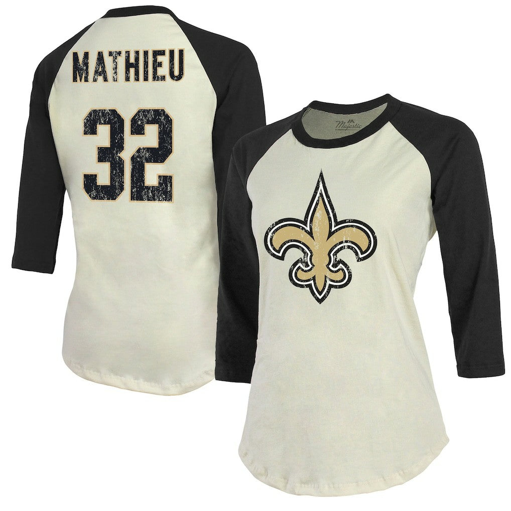 Tyrann Mathieu  Majestic Threads Women's Player Name & Number Tri-Blend Three-Quarter Sleeve T-Shirt - New Orleans Saints