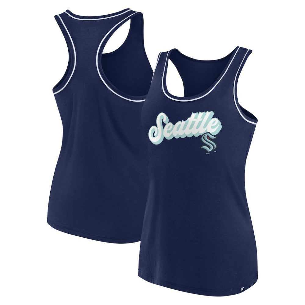 NHL Deep Sea Blue Seattle Kraken Fanatics Women's Wordmark Logo Racerback Scoop Neck Tank Top