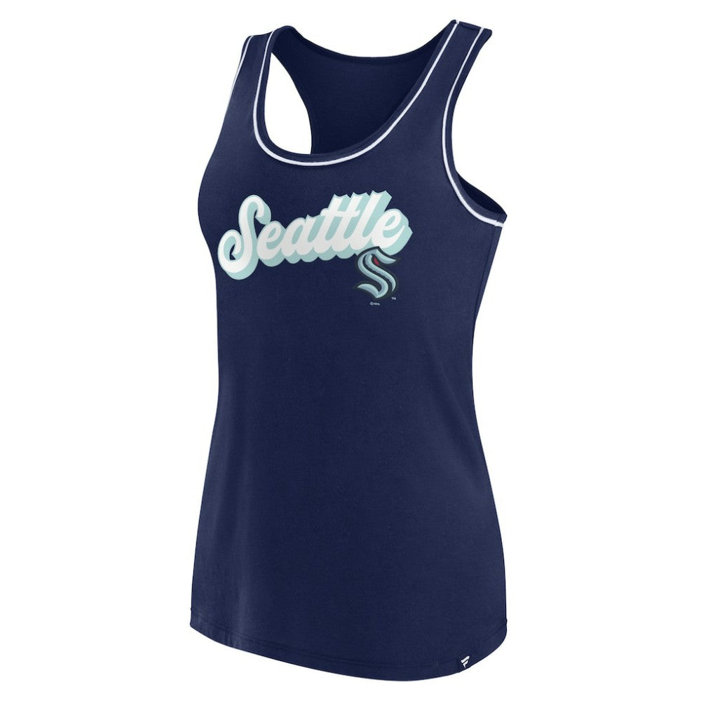 NHL Deep Sea Blue Seattle Kraken Fanatics Women's Wordmark Logo Racerback Scoop Neck Tank Top