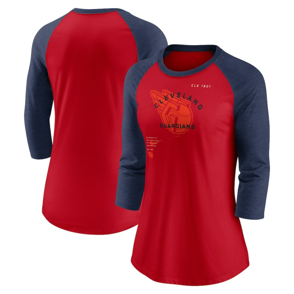 MLB Cleveland Guardians Nike Women's Next Up Tri-Blend Raglan 3/4-Sleeve T-Shirt